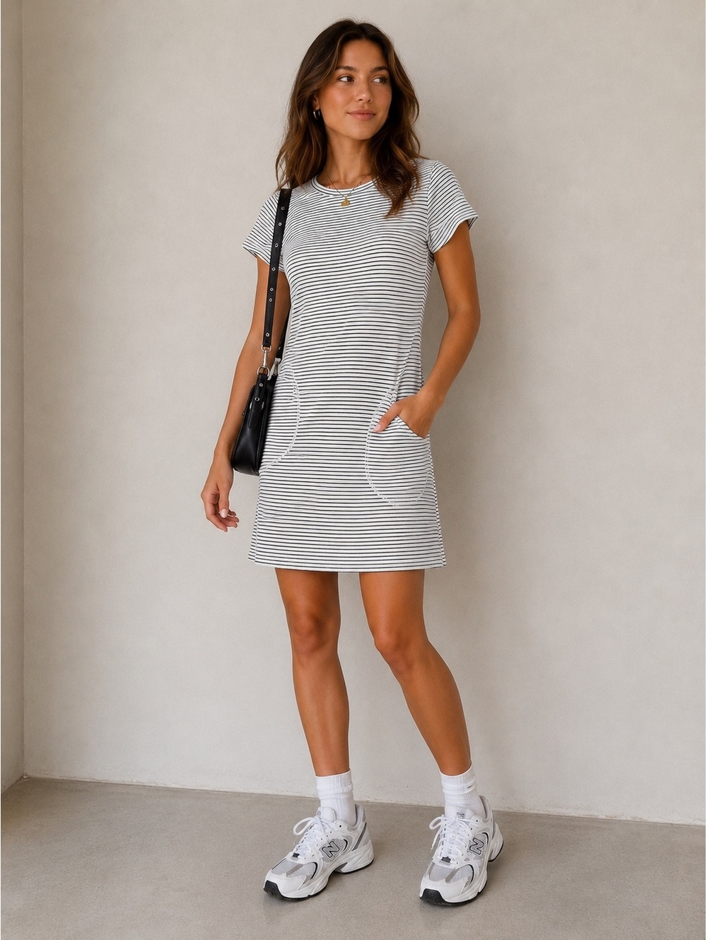 LOFT Striped Pocket T-Shirt Dress Medium Black White Casual Knit Shift Dress